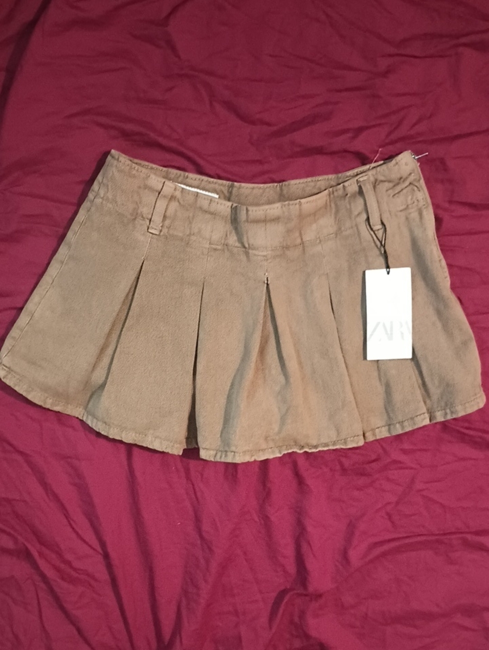 Zara Tan Jean Pleated Mini Skort Size Medium NWT Side Zipper